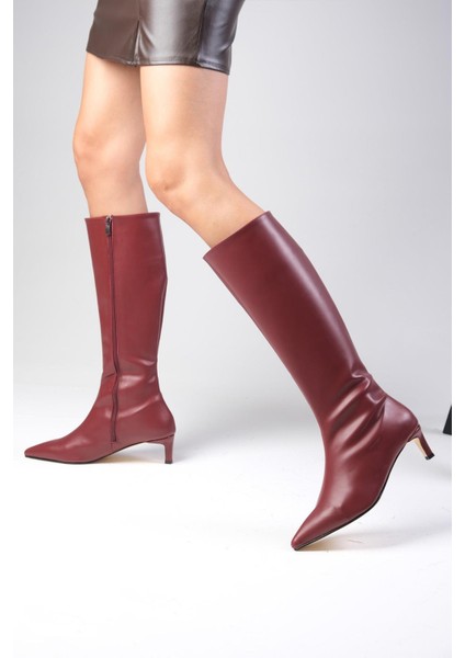 Carolina Bordo Renk Fermuarlı, Ince Suni Kürk Astarlı Kısa Topuklu Kadın Çizme modelleri