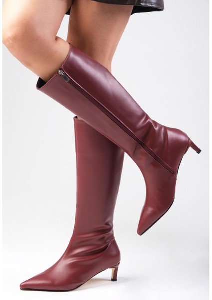 Carolina Bordo Renk Fermuarlı, Ince Suni Kürk Astarlı Kısa Topuklu Kadın Çizme indirimleri