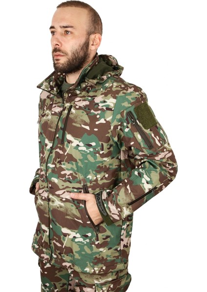 Erkek Multicam Kamuflaj Rüzgar Geçirmez Softshell Mont