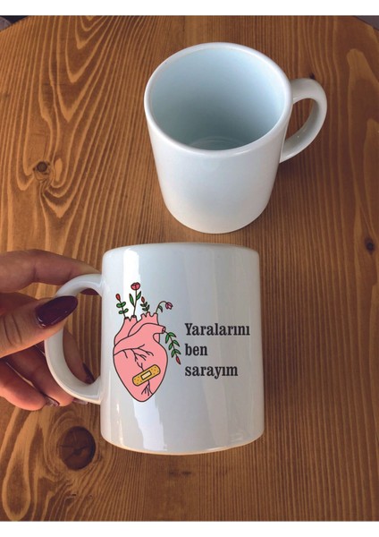 Yaralarını Ben Sarayım Yazılı Kalp Baskılı Bohem Seramik Kupa Bardak