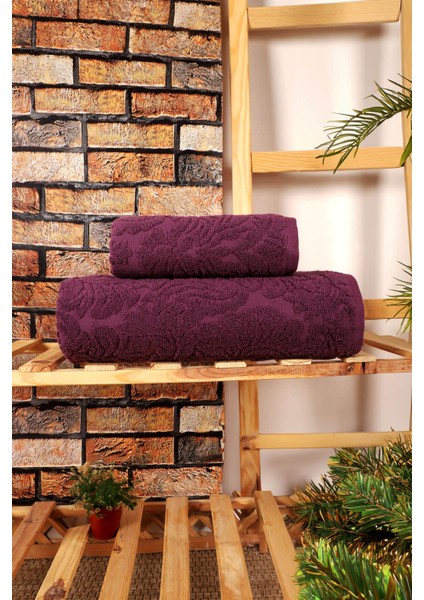 2 Parça Jakarlı Banyo Havlu Takımı Doku Desen