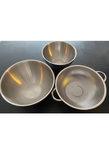 3'Lü Set Çelik Çırpma Karıştırma Kapları (20-24cm) + Çelik Süzgeç (25.5 cm)