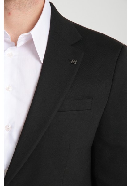 Jasino Erkek Siyah Pamuklu Likralı Slim Fit Örme Esneyen Mono Yaka Blazer Ceket