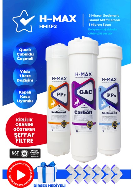 H-Max Kapalı Kasa Su Arıtma Cihazı Filtresi Inline 3lü Filtre Seti