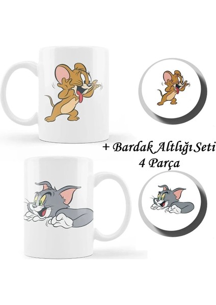 Hediyelik Özel Tasarım 2'Li Kupa Tom Ve Jerry Kupa Ve Bardak Altlığı Seti Çift Kupası Sevgili Kupası