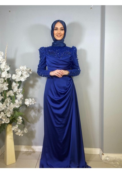 Kolları Işlemeli Drapeli Uzun Abiye Elbise