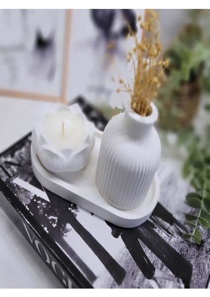 Lotus Mumluk, Oval Tabak ve Vazo 3'lü Dekoratif Set – El Yapımı Şıklık