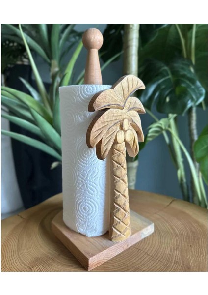 Ahşap Oyma Peçetelik Kağıt Rulo Havluluk Naturel Palmiye Desenli