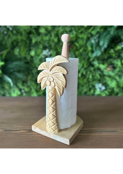 Ahşap Oyma Peçetelik Kağıt Rulo Havluluk Naturel Palmiye Desenli