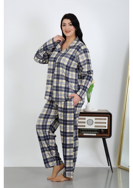 Kadın Büyük Beden Pamuklu Cepli Düğmeli Lacivert Pijama Takım 202504 fiyatları