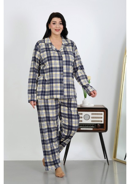 Kadın Büyük Beden Pamuklu Cepli Düğmeli Lacivert Pijama Takım 202504 fırsatları