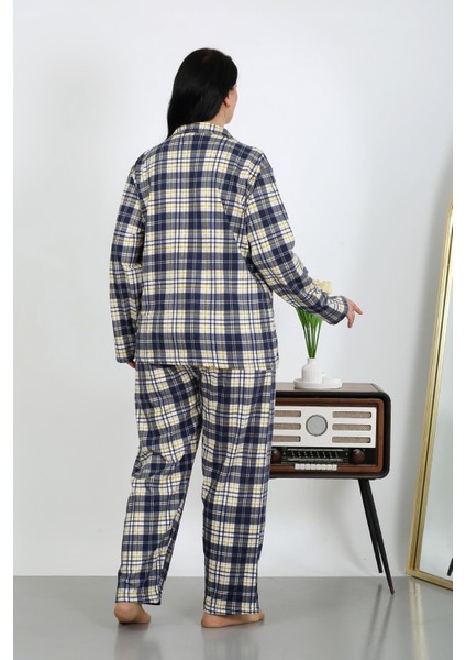 Kadın Büyük Beden Pamuklu Cepli Düğmeli Lacivert Pijama Takım 202504 indirimleri