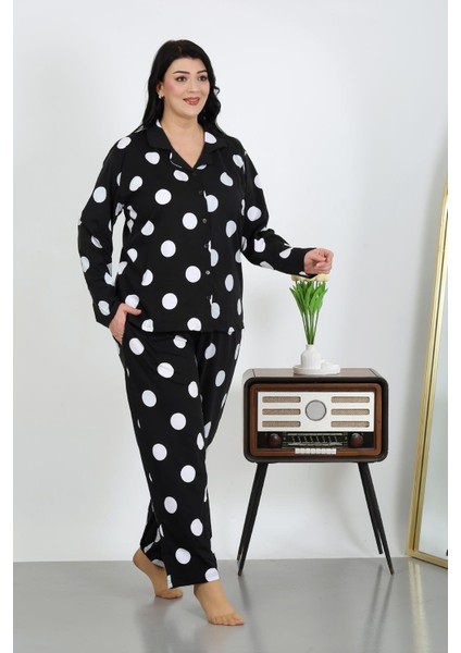 Kadın Büyük Beden Pamuklu Cepli Düğmeli Siyah Pijama Takım 202504 fiyatları