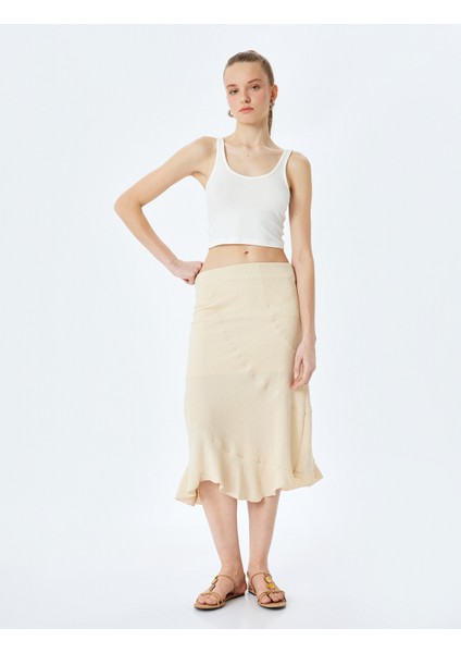 Asimetrik Midi Yüksek Bel Dikiş Detaylı Etek