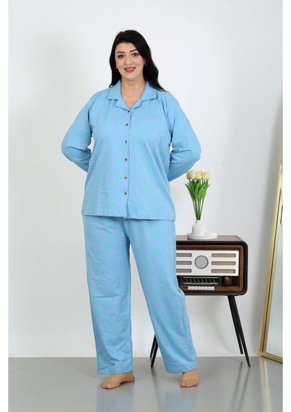 Kadın Büyük Beden Pamuklu Cepli Düğmeli Mavi Pijama Takım 202504