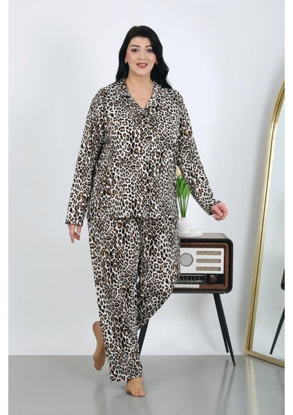 Kadın Büyük Beden Pamuklu Cepli Düğmeli Kahve Pijama Takım 202504 fırsatları
