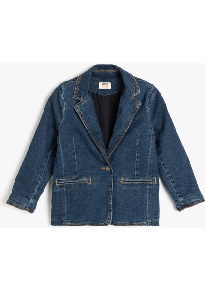 Pamuklu Uzun Kollu Cep Detaylı Kruvaze Yaka Denim Ceket