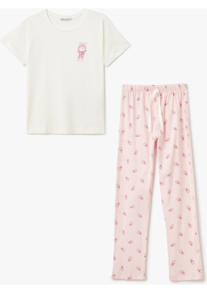 Pamuklu Kedi Baskılı Kısa Kollu Pijama Takımı