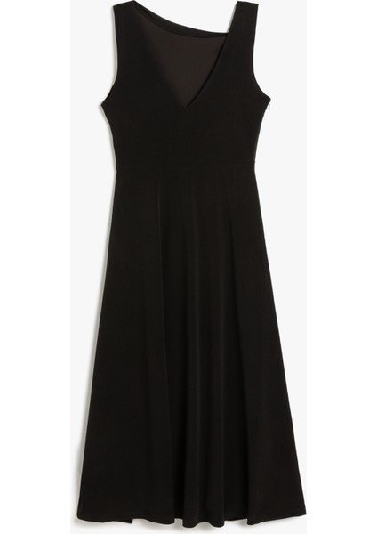 Metal Aksesuar Detaylı Kolsuz Degaje Yaka Uzun A Kesim Drapeli Elbise fırsatları