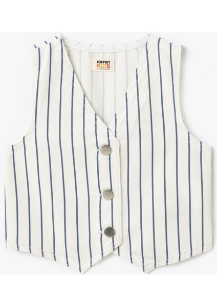 Pamuklu Düğme Detaylı V Yaka Çizgili Yelek
