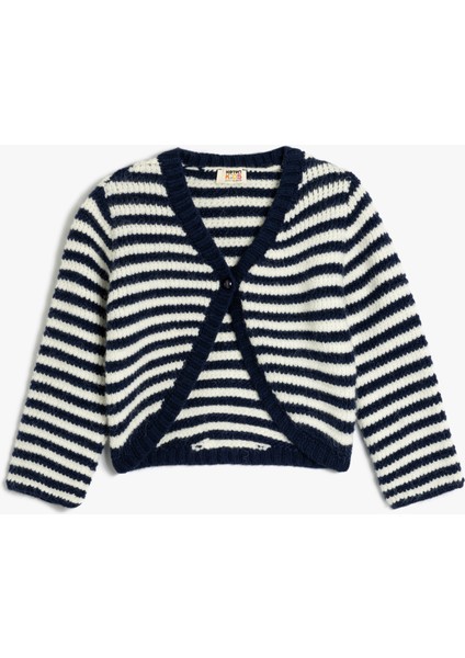 Düğme Detaylı V Yaka Uzun Kollu Çizgili Triko Hırka