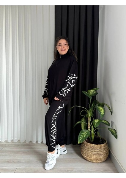 Kadın Büyük Beden Çizgi Garni Detay Yakası Fermuarlı Esnek Viskon Takım