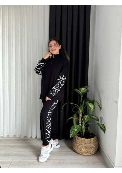 Kadın Büyük Beden Çizgi Garni Detay Yakası Fermuarlı Esnek Viskon Takım modelleri