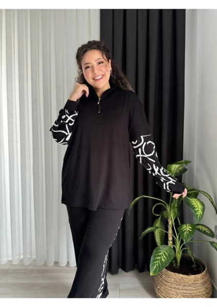 Kadın Büyük Beden Çizgi Garni Detay Yakası Fermuarlı Esnek Viskon Takım fırsatları