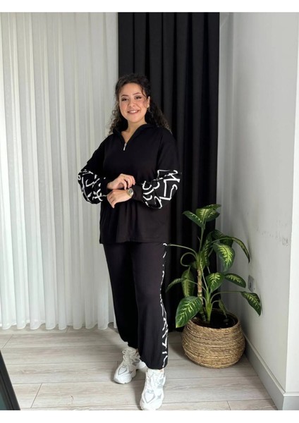 Kadın Büyük Beden Çizgi Garni Detay Yakası Fermuarlı Esnek Viskon Takım indirimleri