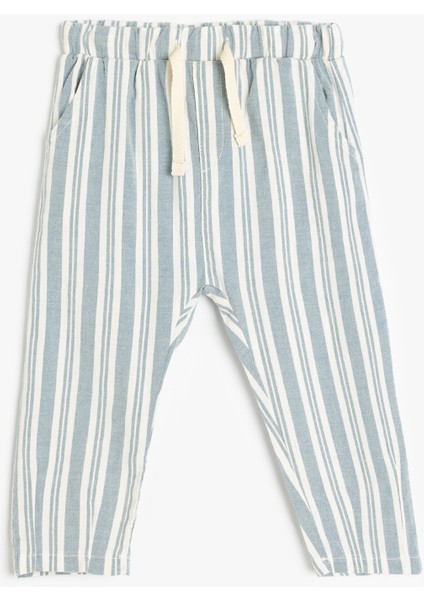 Beli Bağcıklı Cep Detaylı Çizgili Pantolon