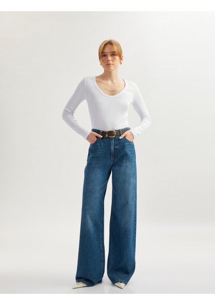 Yüksek Bel Düğmeli Geniş Paça Cepli Kot Pantolon - Wide Leg Jeans