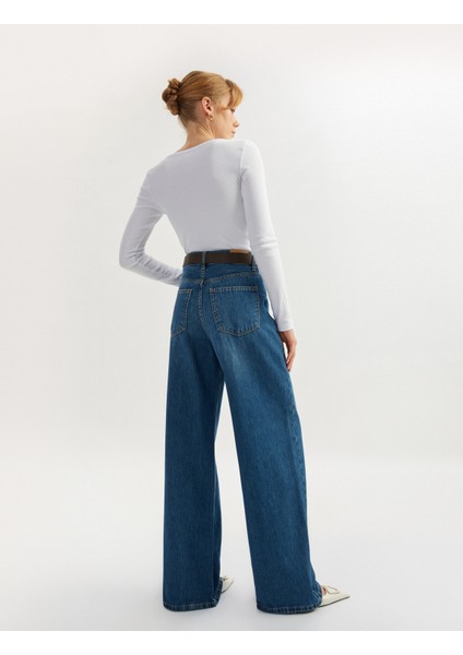 Yüksek Bel Düğmeli Geniş Paça Cepli Kot Pantolon - Wide Leg Jeans fiyatları