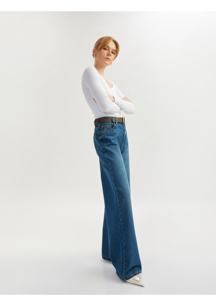 Yüksek Bel Düğmeli Geniş Paça Cepli Kot Pantolon - Wide Leg Jeans modelleri