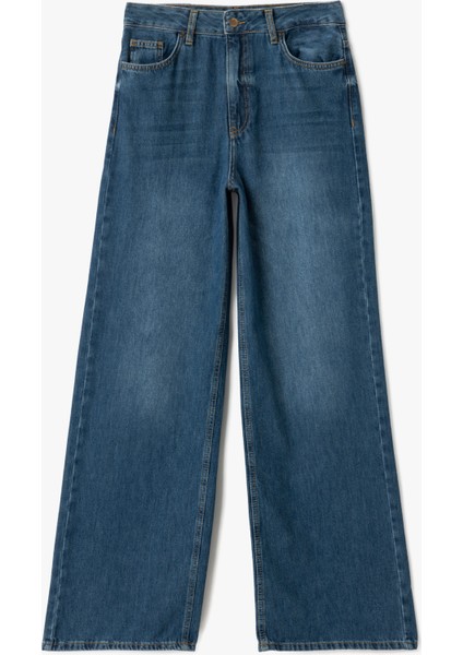 Yüksek Bel Düğmeli Geniş Paça Cepli Kot Pantolon - Wide Leg Jeans fırsatları
