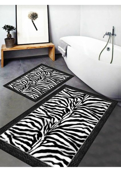 Dijital Baskı Zebra Desenli Kaymaz Taban Yıkanabilir 2'li Banyo Paspas Takımı 60 x 100 - 50 x 60