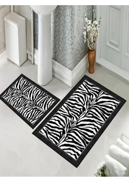 Dijital Baskı Zebra Desenli Kaymaz Taban Yıkanabilir 2'li Banyo Paspas Takımı 60 x 100 - 50 x 60