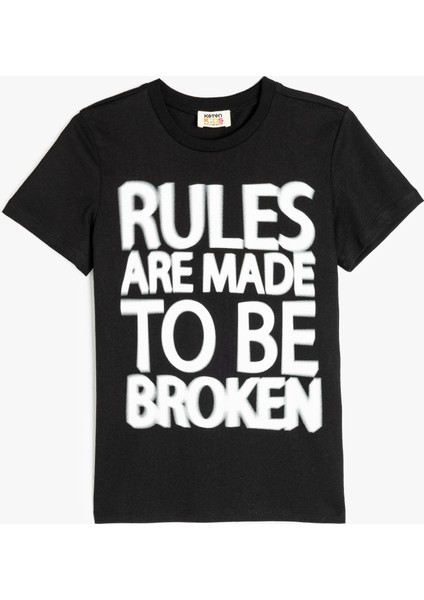 Slogan Baskılı Kısa Kollu Bisiklet Yaka Pamuklu Tişört