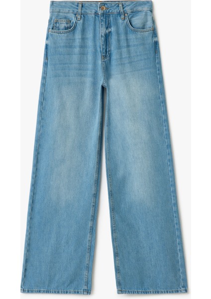 Yüksek Bel Düğmeli Geniş Paça Cepli Kot Pantolon - Wide Leg Jeans