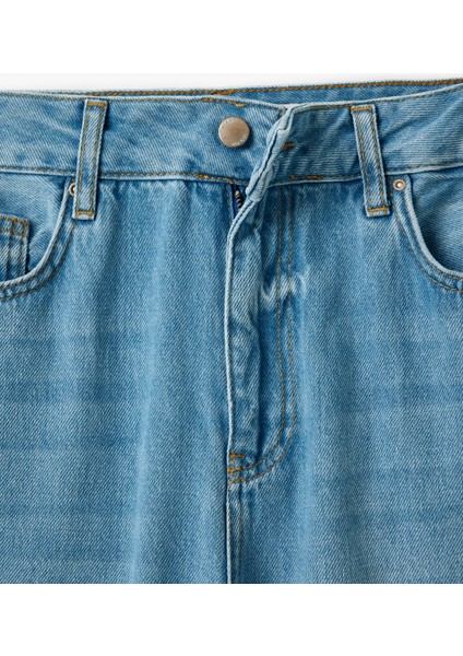 Yüksek Bel Düğmeli Geniş Paça Cepli Kot Pantolon - Wide Leg Jeans