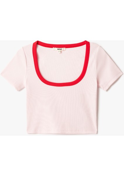 Pamuklu Slim Fit Kontrast Detaylı Kısa Kollu U Yaka Fitilli Crop Tişört