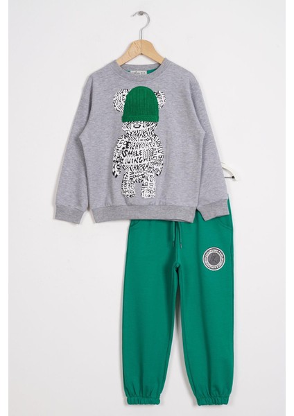Bisiklet Yaka Uzun Kol Ayı Baskılı Gri Benetton Renk Erkek Çocuk Esofman Takım