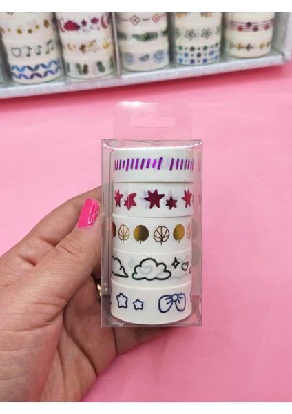 Renkli Yaldızlı Vintage Washi Tape Bant Yapışkanlı Maskeleme Kağıdı 5 Lı - Kurdele