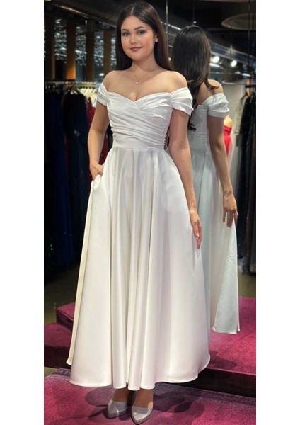 Beyaz Kloş Etekli Saten Midi Abiye Elbise 7672