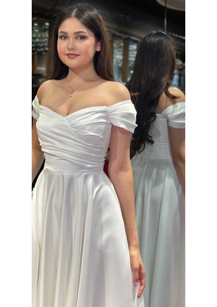 Beyaz Kloş Etekli Saten Midi Abiye Elbise 7672 fiyatları