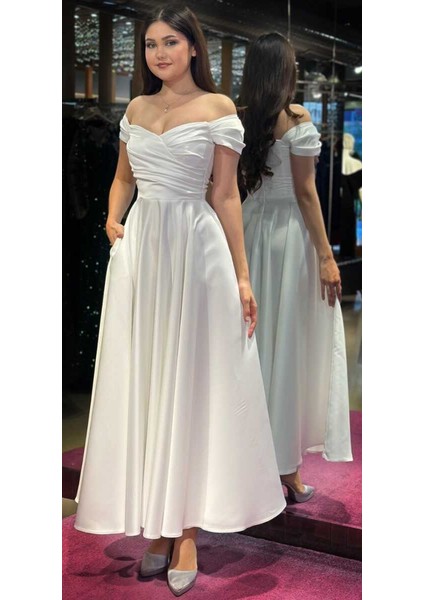 Beyaz Kloş Etekli Saten Midi Abiye Elbise 7672 modelleri