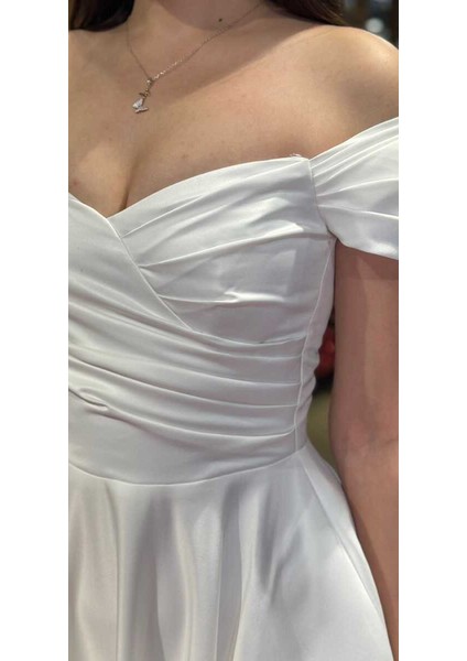 Beyaz Kloş Etekli Saten Midi Abiye Elbise 7672 fırsatları