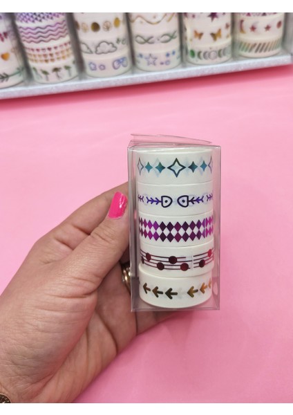 Renkli Yaldızlı Vintage Washi Tape Bant Yapışkanlı Maskeleme Kağıdı 5 Lı - Işıltı