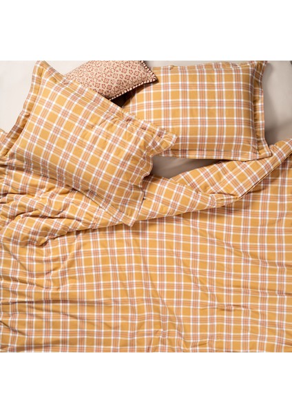 Vıseu Ekoseli Tek Kişilik Pamuk %100 Pamuk Flanel Nevresim Seti 160x220 Cm Hardal Sarısı