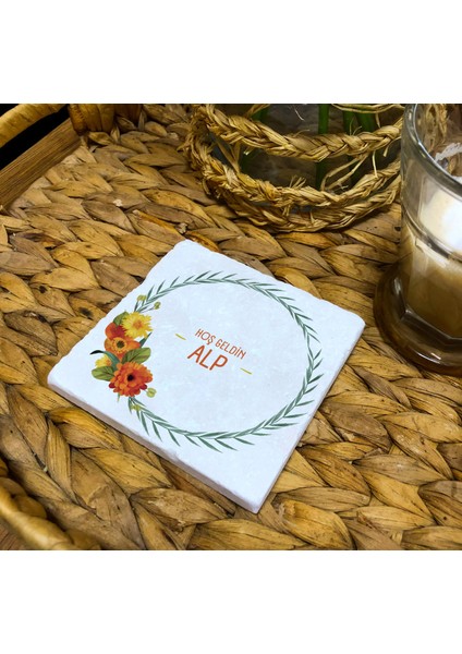 Bebek Hediyeliği, Baby Shower, Kişiye Özel Çiçek Desenli Taş Bardak Altlığı - 20 Adet modelleri