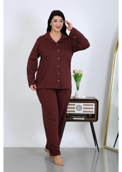 Kadın Büyük Beden Pamuklu Cepli Düğmeli Mürdüm Pijama Takım 202504 fiyatları